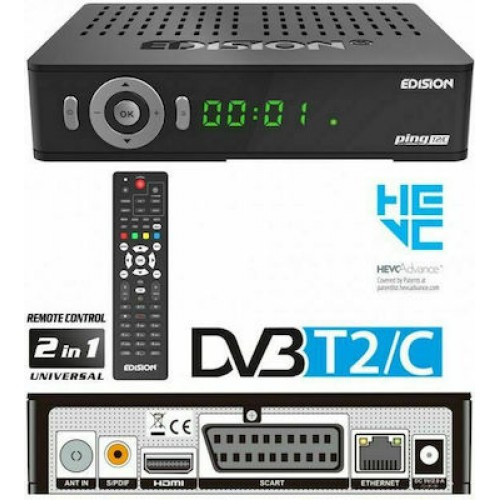 Edision Ping T2/C Ψηφιακός Δέκτης Mpeg-4 Full HD (1080p) με Λειτουργία PVR (Εγγραφή σε USB) Σύνδεσεις SCART / HDMI / USB