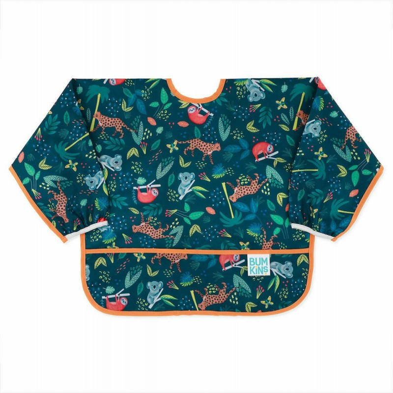 Bumkins Αδιάβροχη Ποδιά Πλαστική με Κορδόνι Sleeved Bib με Τσέπη & Μανίκια Jungle για 6 m+