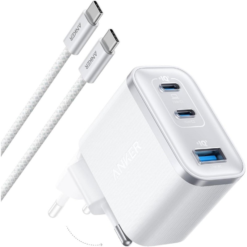 Anker Nano Charger 70W 3-Port Power Supply with USB-C Cable (B121A321) White