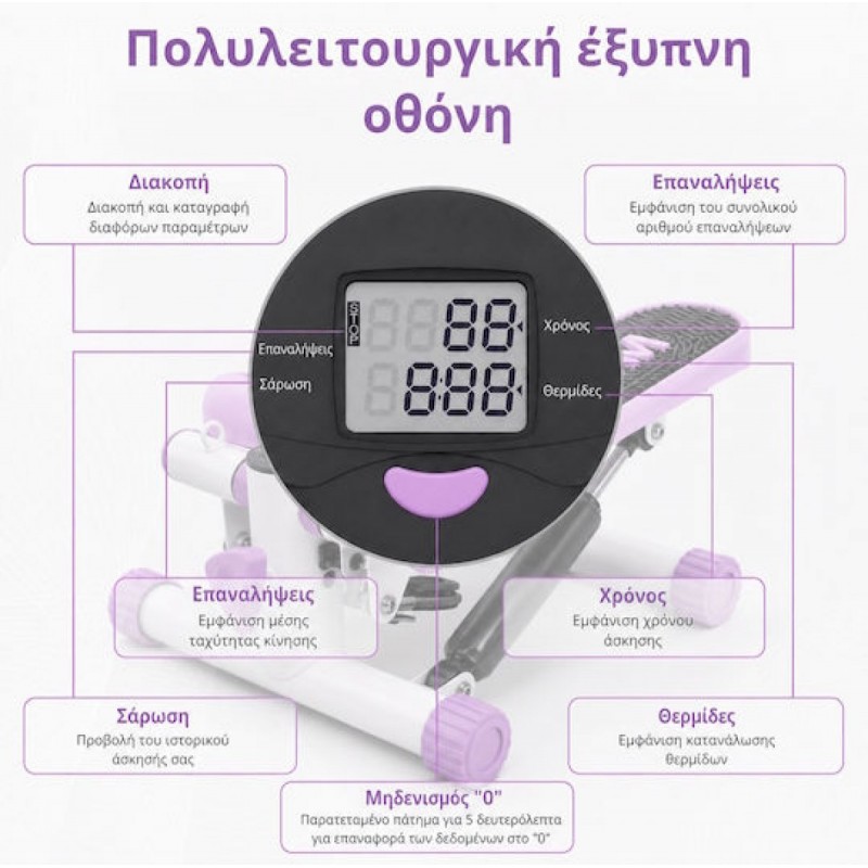 Coowoo CardioRise Stepper με Λάστιχα Εκγύμνασης & Οθόνη (23646) Μωβ