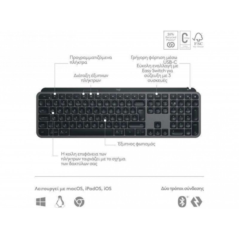 Logitech MX Keys S Ασύρματο Bluetooth Πληκτρολόγιο Αγγλικό US (920-011587) Black