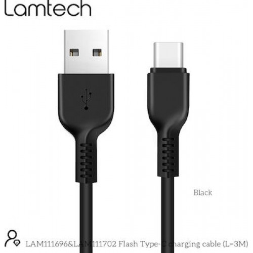 Lamtech USB 2.0 Cable USB-C male - USB-A male Μαύρο 3m (LAM111696)
