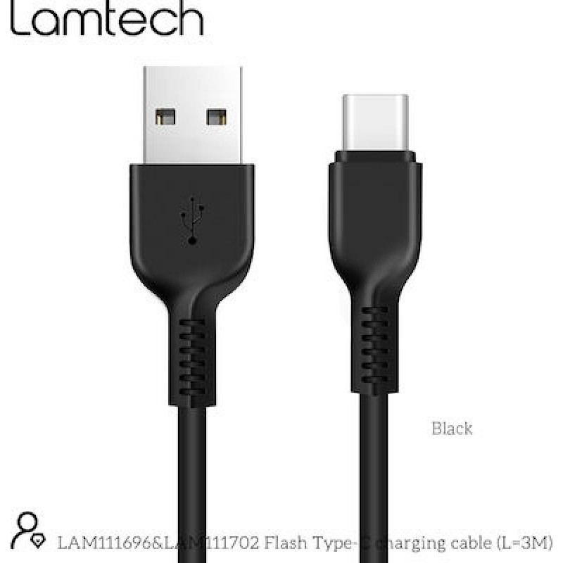 Lamtech USB 2.0 Cable USB-C male - USB-A male Μαύρο 3m (LAM111696)