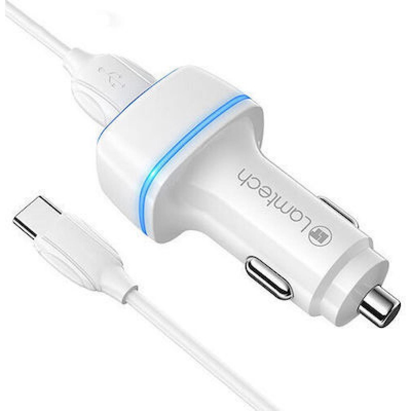 Lamtech Φορτιστής Αυτοκινήτου με Καλώδιο Type-C (LAM112570) Λευκό