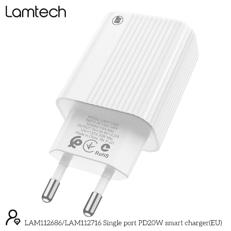Lamtech Φορτιστής Χωρίς Καλώδιο με Θύρα USB-C 20W Power Delivery (LAM112686) Λευκός