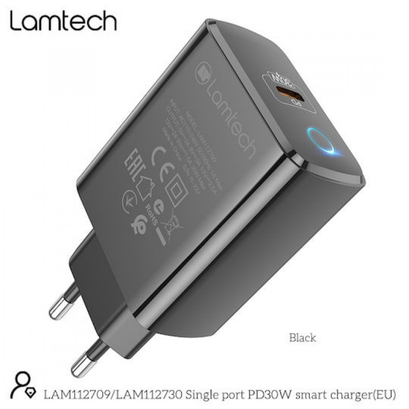 Lamtech Φορτιστής Χωρίς Καλώδιο με Θύρα USB-C 30W Power Delivery Μαύρος 112730