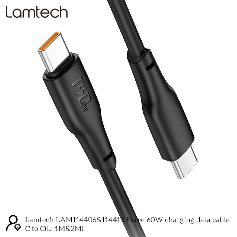 Lamtech USB 2.0 Cable USB-C male - USB-C 60W 1m (LAM114406) Μαύρο