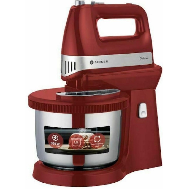 Singer Deluxe (SM-500) Κόκκινο Μίξερ με Inox Κάδο 3lt 500W