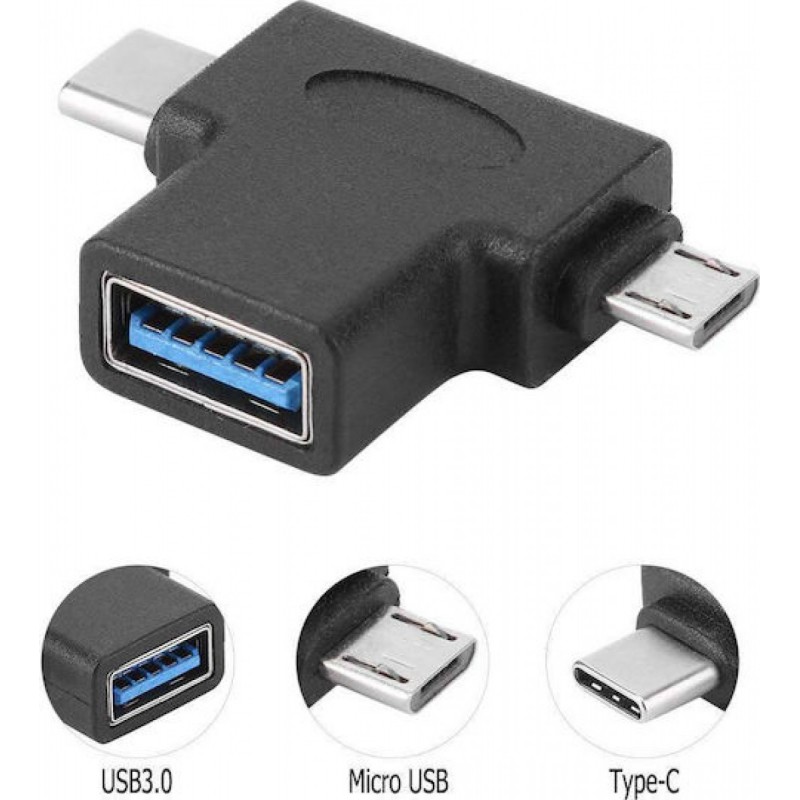 Powertech Αντάπτορας USB σε USB-C & Micro USB 5Gbps (CAB-U117) Μαύρος