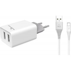 Powertech (PT-776) Φορτιστής με 2 Θύρες USB-A και Καλώδιο USB-C Λευκός