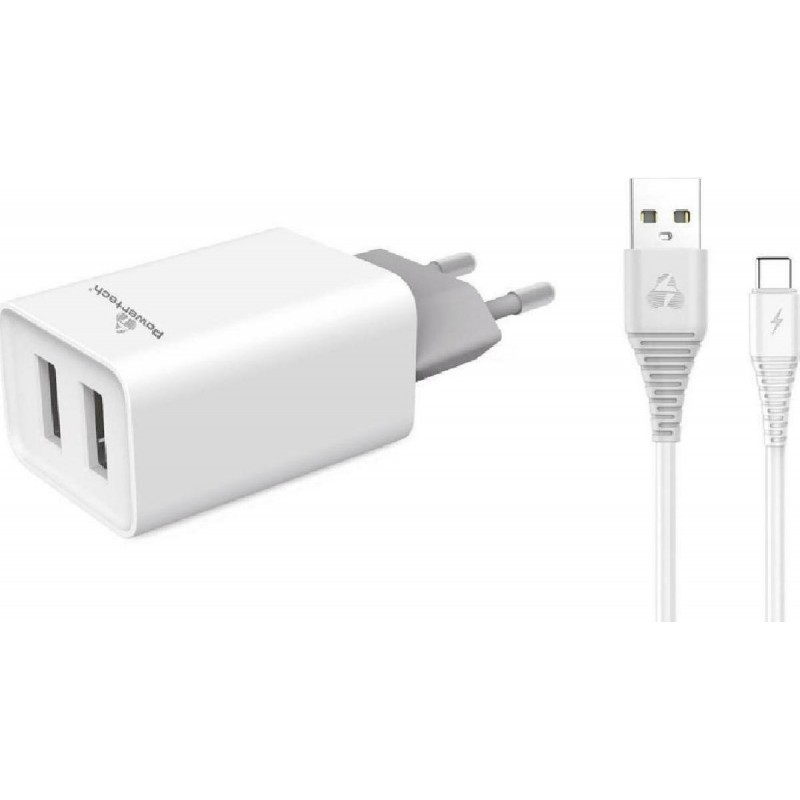 Powertech (PT-776) Φορτιστής με 2 Θύρες USB-A και Καλώδιο USB-C Λευκός