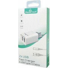 Powertech (PT-776) Φορτιστής με 2 Θύρες USB-A και Καλώδιο USB-C Λευκός