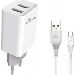 Powertech (PT-776) Φορτιστής με 2 Θύρες USB-A και Καλώδιο USB-C Λευκός