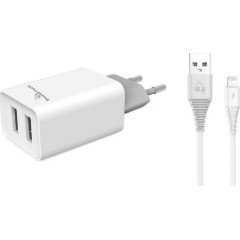 POWERTECH φορτιστής τοίχου PT-777, καλώδιο Lightning, 2x USB 2.1A, λευκό