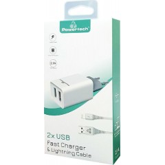 POWERTECH φορτιστής τοίχου PT-777, καλώδιο Lightning, 2x USB 2.1A, λευκό