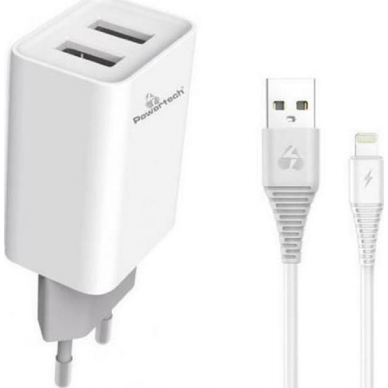 POWERTECH φορτιστής τοίχου PT-777, καλώδιο Lightning, 2x USB 2.1A, λευκό