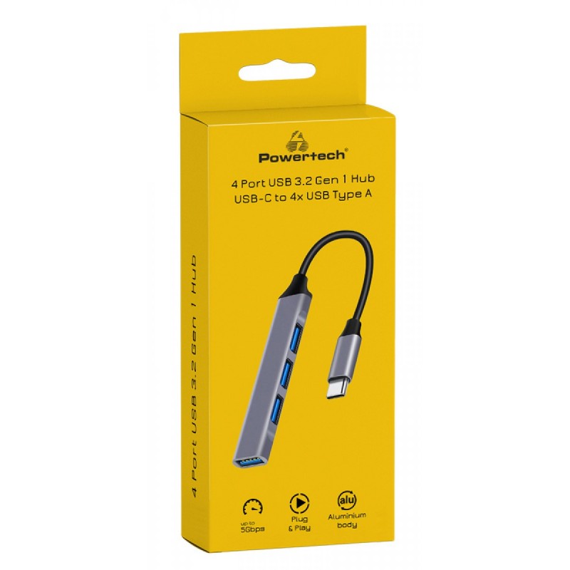 Powertech (PT-1113) USB hub 4x θυρών 5Gbps, USB-C - Γκρι
