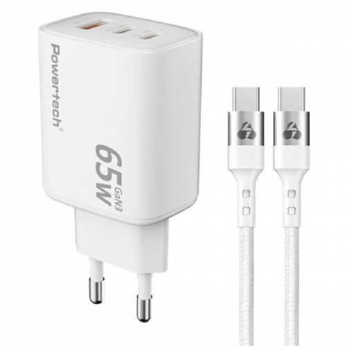 Powertech Φορτιστής GaN με Θύρα USB-A και 2 Θύρες USB-C και Καλώδιο USB-C - USB-C 65W Power Delivery Λευκός (PT-1415)