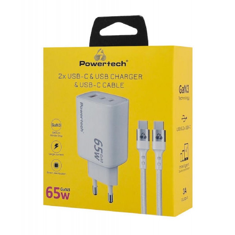 Powertech Φορτιστής GaN με Θύρα USB-A και 2 Θύρες USB-C και Καλώδιο USB-C - USB-C 65W Power Delivery Λευκός (PT-1415)
