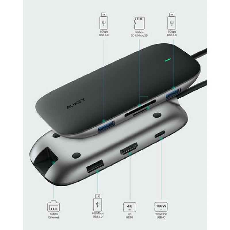 Aukey 8-in-1 USB-C Hub with 100W PD (CB-C71) Black