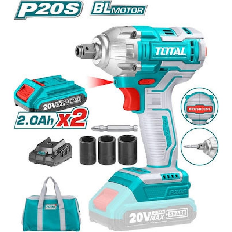 Total (TIWLI20208) Brushless Μπουλονόκλειδο 20V 2x2Ah με Υποδοχή 1/2