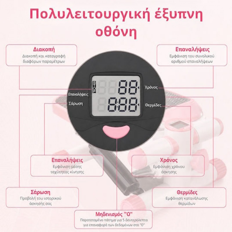 Coowoo CardioRise Stepper με Λάστιχα Εκγύμνασης & Οθόνη (23645) Ροζ