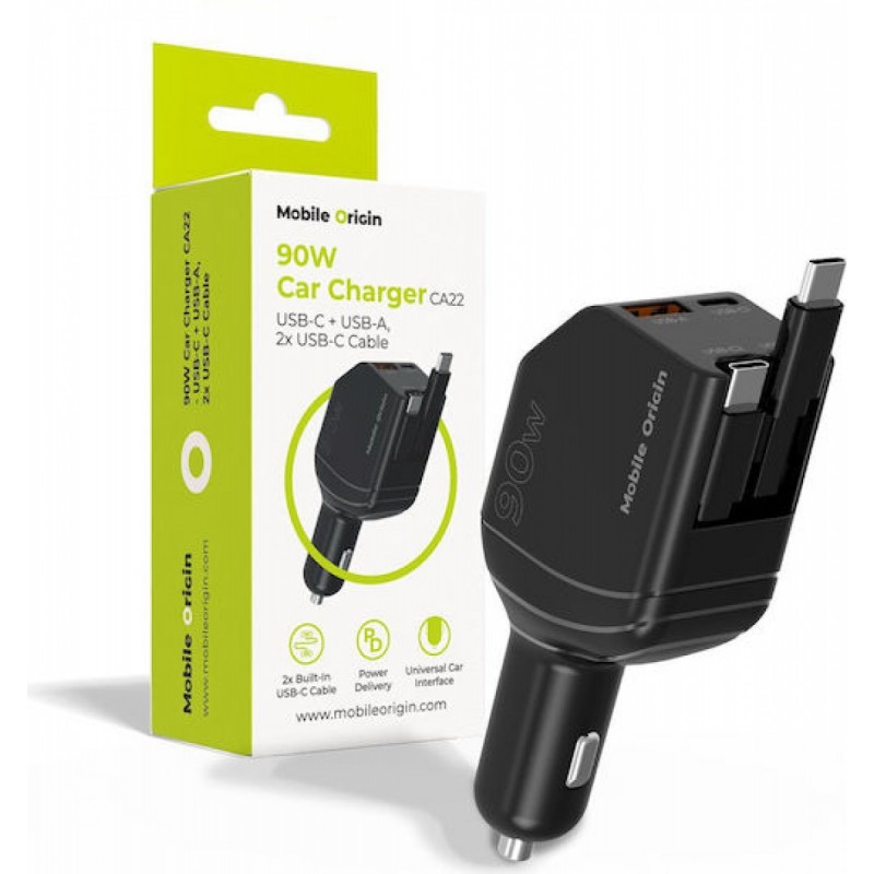 Mobile Origin Car Charger 90w Ca22 Usb-c + Usb-a 2x Usb-c Cable