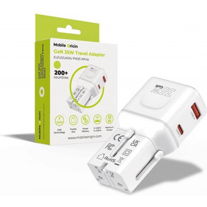 Mobile Origin 35W Travel Adapter, EU/US/UK/AU PW25, white - (MO-PW25-WHT)