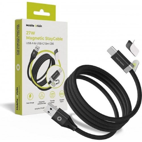 Mobile Origin Magnetic / Braided USB 2.0 Cable USB-C male - USB-C / USB-A 27W Μαύρο 1.5m MO-27WMS-CB6