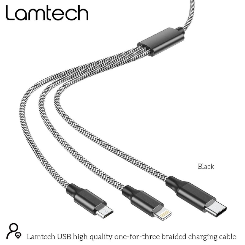 Lamtech Braided USB to Lightning / Type-C / micro USB Cable Μαύρο 1m (LAM450305)