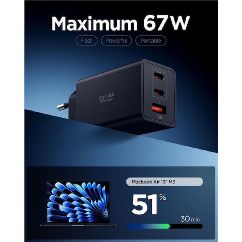 Spigen Φορτιστής Χωρίς Καλώδιο με Θύρα USB-A και 2 Θύρες USB-C 67W Μαύρος (Essential)