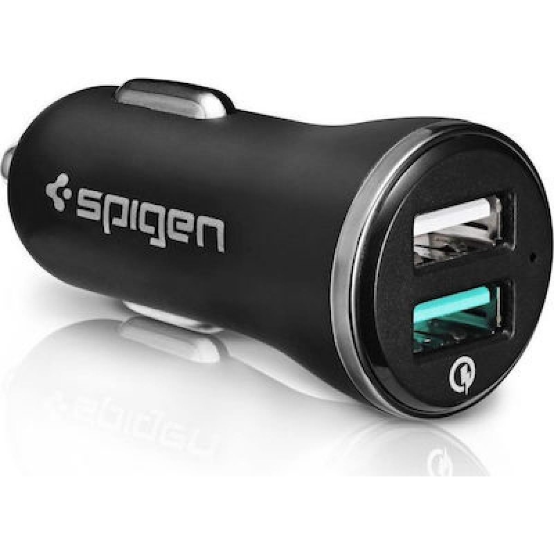 Spigen Φορτιστής Αυτοκινήτου Μαύρος Συνολικής Έντασης 2.4A Γρήγορης Φόρτισης με Θύρες: 2xUSB