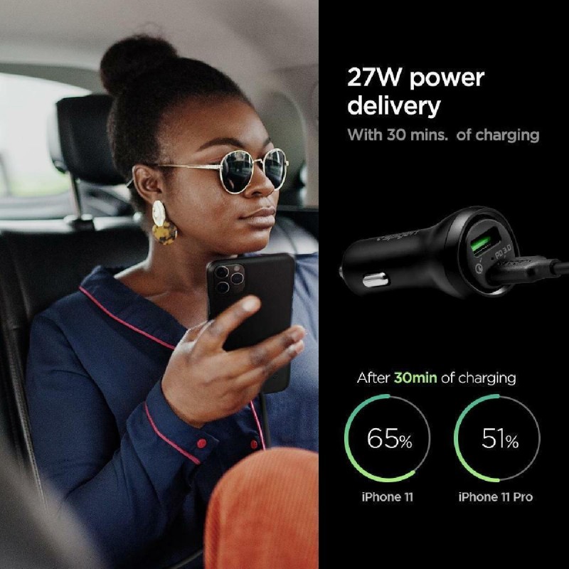 Spigen Φορτιστής Αυτοκινήτου Μαύρος F31QC Συνολικής Έντασης 4.8A Γρήγορης Φόρτισης με Θύρες: 1xUSB 1xType-C