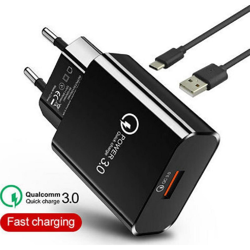 Lamtech Quick Charger USB3.0 18W With Type-C Cable 1M Black (LAM021981)
