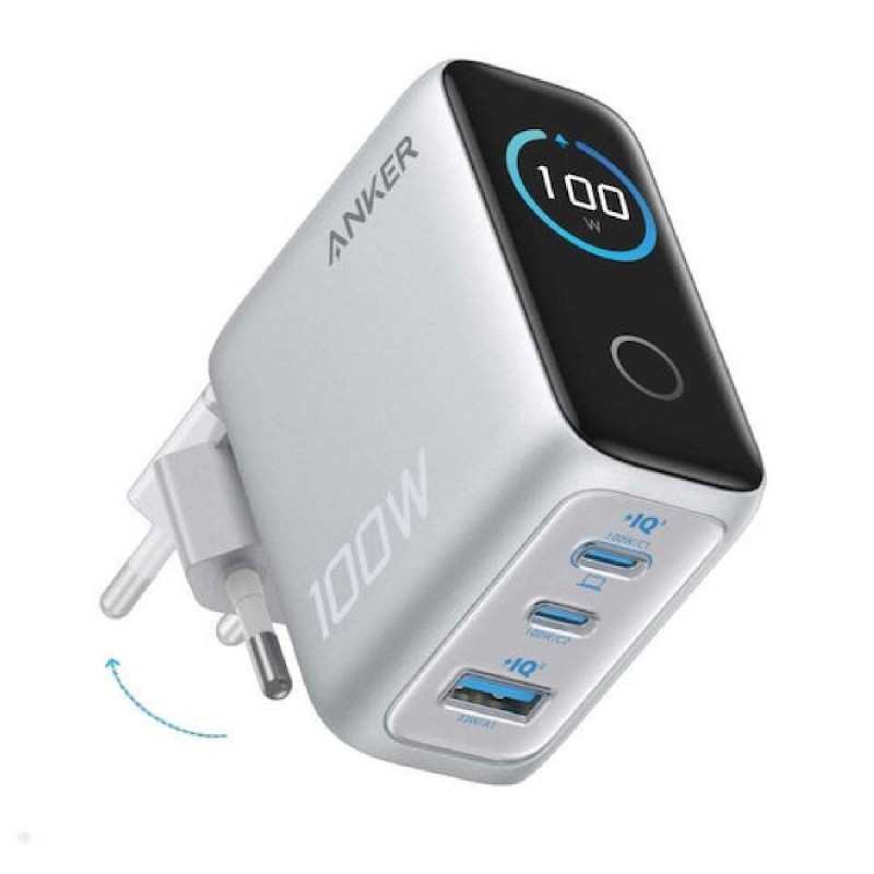 Anker Φορτιστής GaN με Θύρα USB-A και 2 Θύρες USB-C και Καλώδιο USB-C - USB-C 100W Power Delivery  (B121B641) Ασημί